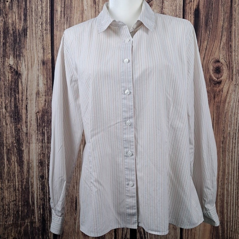 LL BEAN L Womens Cotton Button Down Shirt Pink Grey Pinstripe Long Sleeve Preppy